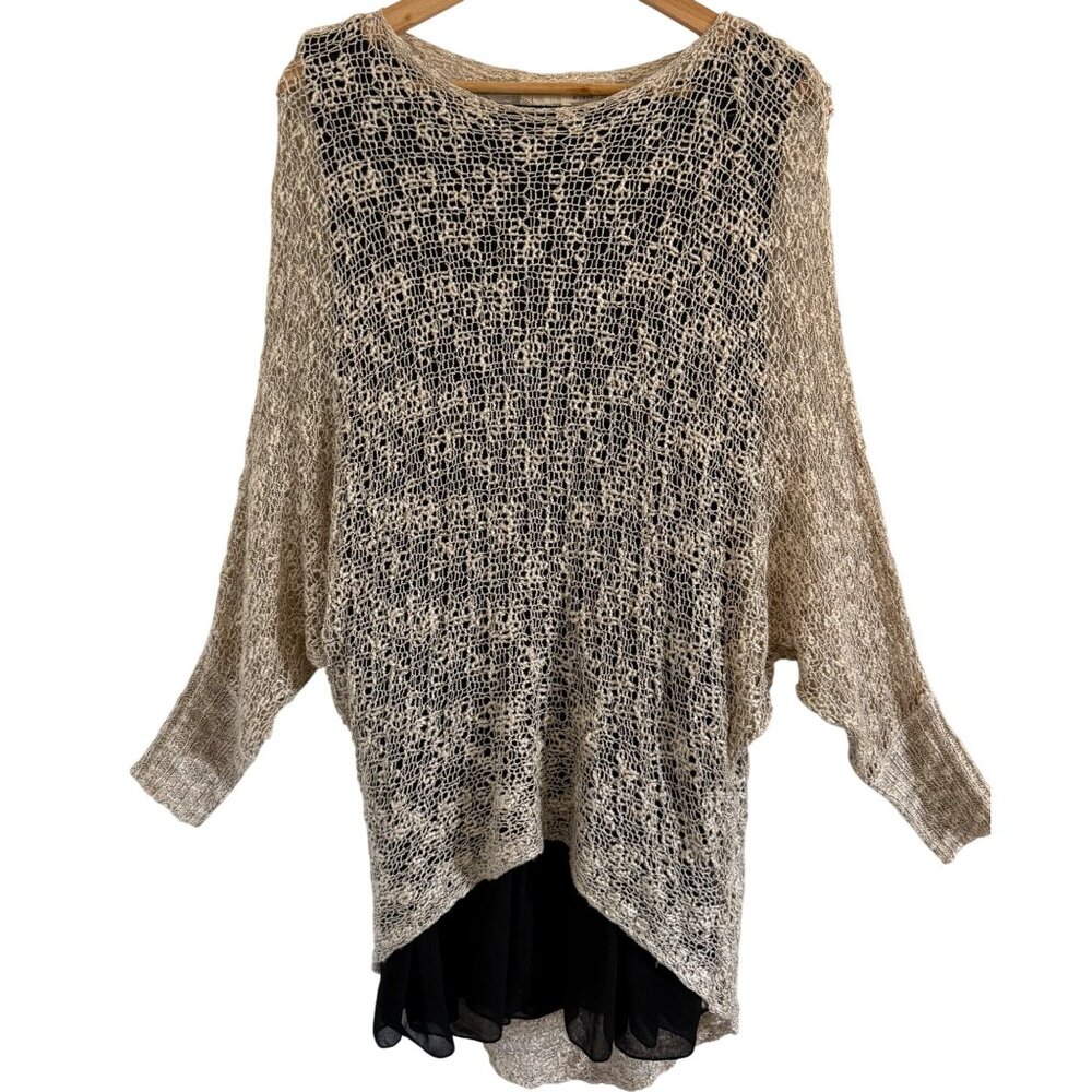 Boho Metallic Crochet Knit Tunic Top M/L Layer Gold Black Chiffon Hem Dark Fairy